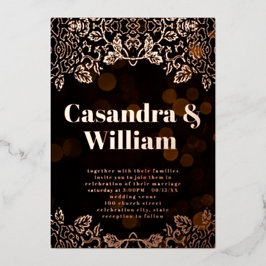 ムーディエレガントブラックフローラ金ゴールド結婚の 箔招待状 (正面)