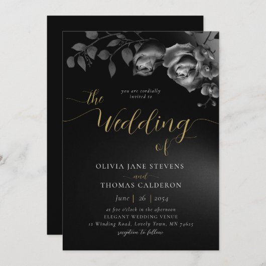 ムーディエレガントモダンー白黒フローラ結婚の 招待状 (正面/裏面)