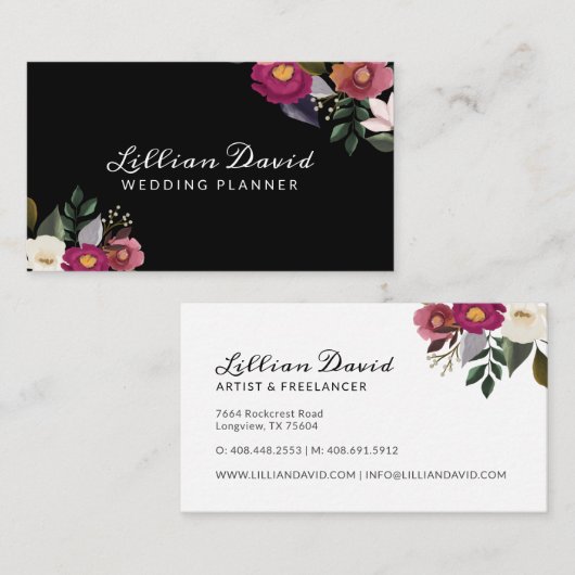 ムーディエレガントーおよび水色フローラ配置 名刺 (正面/裏面)