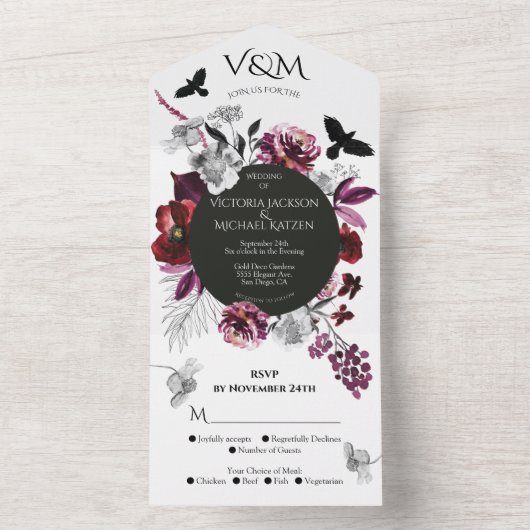 ムーディエレガントーなダークパープルフローラ結婚がオン オールインワン招待状 (内側)