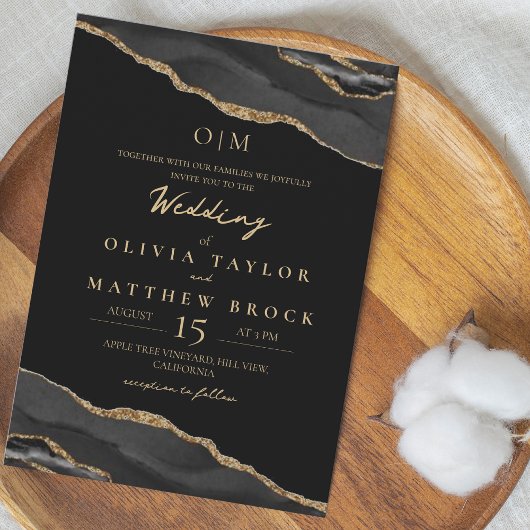 ムーディエレガントーなブラック金ゴールド結婚式招待状 招待状