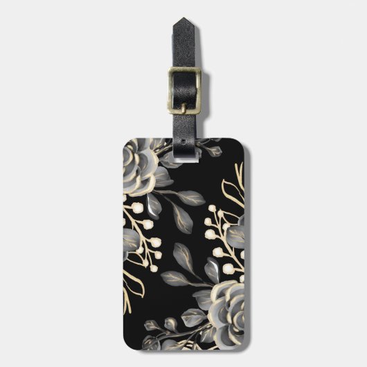 ムーディエレガントーグレーフローラ金ゴールドブラックウォーター色 ラゲッジタグ (正面縦)