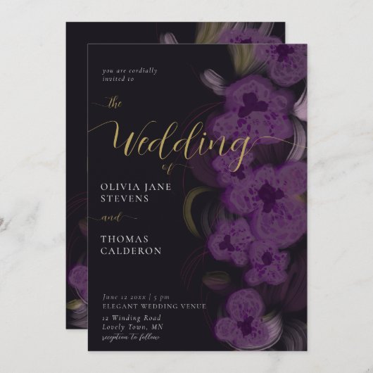 ムーディエレガントーダークパープルオーキズリース結婚ズ 招待状 (正面/裏面)