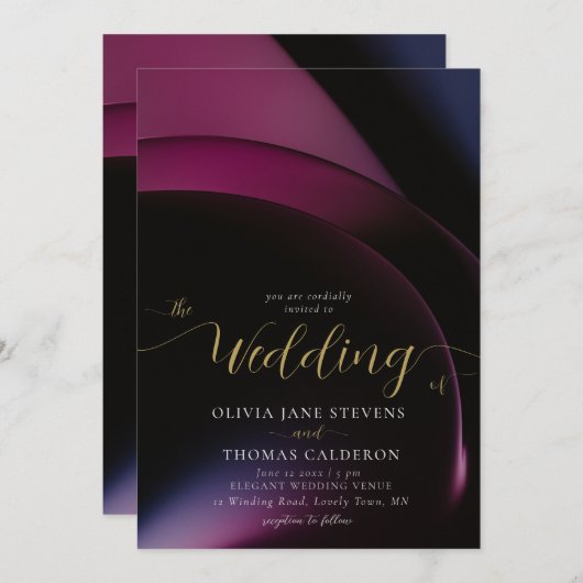 ムーディエレガントーダークパープルジオメトリアーチ結婚ズ 招待状 (正面/裏面)