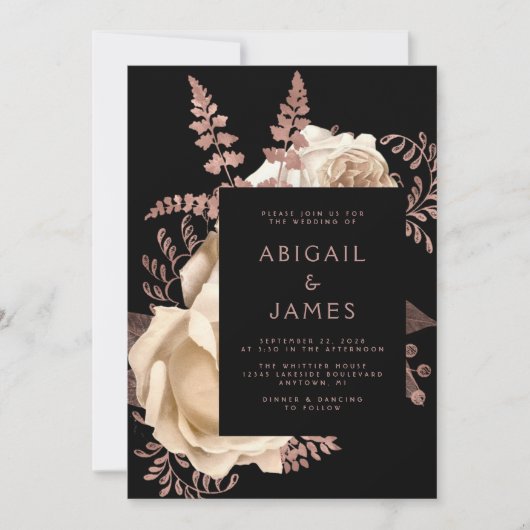 ムーディエレガントーダークフローラアイボリーバラ金ゴールド結婚の 招待状 (正面)