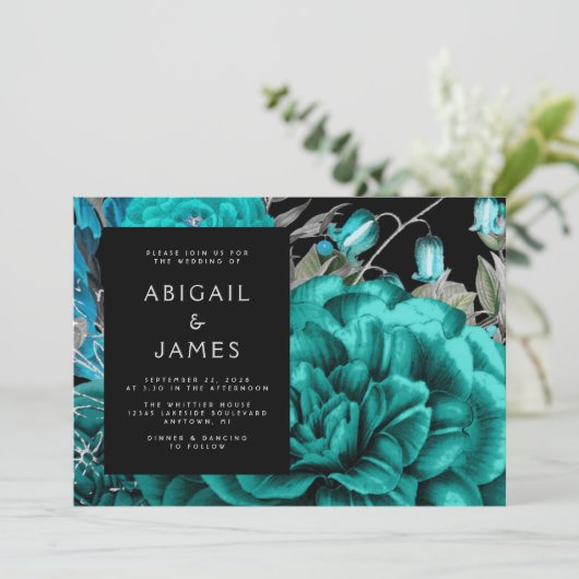 ムーディエレガントーダークフローラティール（緑がかった色）シルバー結婚ズ 招待状 (スタンド正面)