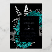 ムーディエレガントーダークフローラティール(緑がかった色)シルバー結婚ズ 箔招待状 (正面)