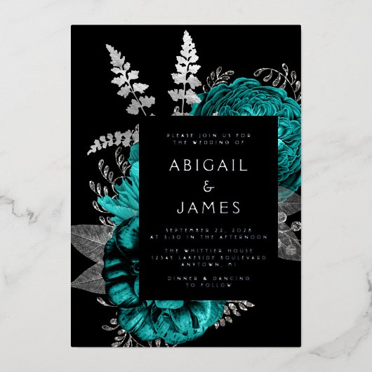ムーディエレガントーダークフローラティール（緑がかった色）シルバー結婚ズ 箔招待状 (正面)