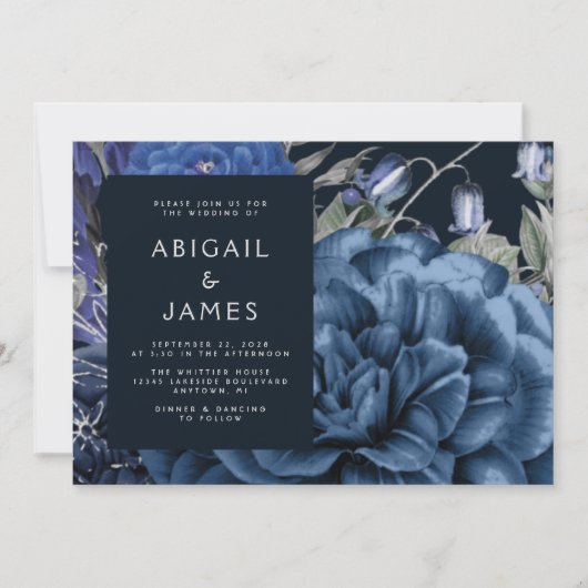 ムーディエレガントーダークフローラネイビーブルーシルバー結婚ズ 招待状 (正面)