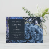 ムーディエレガントーダークフローラネイビーブルーシルバー結婚ズ 招待状 (スタンド正面)