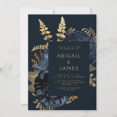ムーディエレガントーダークフローラネイビーブルー金ゴールド結婚ズ 招待状 (正面)