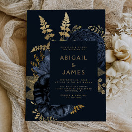 ムーディエレガントーダークフローラネイビーブルー金ゴールド結婚ズ 招待状