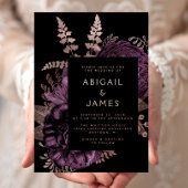 ムーディエレガントーダークフローラパープルバラ結婚金ゴールド 箔招待状