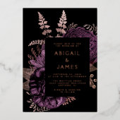 ムーディエレガントーダークフローラパープルバラ結婚金ゴールド 箔招待状 (正面)