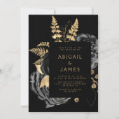 ムーディエレガントーダークフローラブラック金ゴールド結婚ズ 招待状 (正面)