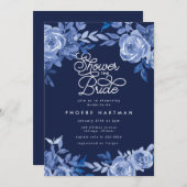 ムーディエレガントーネイビーブルーフローラブライダルシャワー 招待状 (正面/裏面)