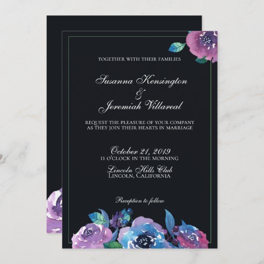 ムーディエレガントーパープルウォーター色のフローラ結婚の 招待状 (正面/裏面)
