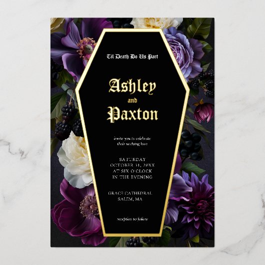 ムーディエレガントーパープルゴシックガーデン結婚フローラ 箔シーズンカード (正面)