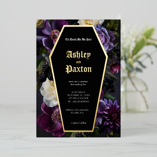 ムーディエレガントーパープルゴシックガーデン結婚フローラ 箔シーズンカード (立ち正面)