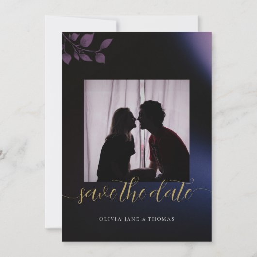 ムーディエレガントーパープルフローラ結婚式の日付を保存 招待状 (正面)