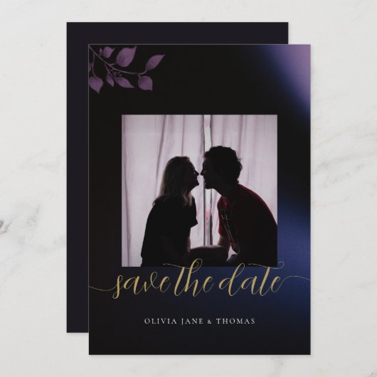 ムーディエレガントーパープルフローラ結婚式の日付を保存 招待状 (正面/裏面)