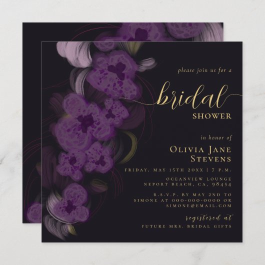 ムーディエレガントーブラックパープルオーキズブライダルシャワー 招待状 (正面/裏面)