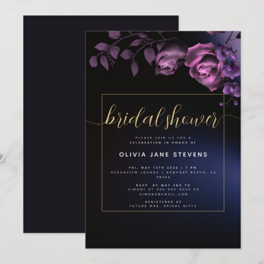 ムーディエレガントーブラックパープルフローラブライダルシャワー 招待状 (正面/裏面)