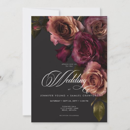 ムーディエレガントー消音Rust & Burgundyフローラ結婚の 招待状 (正面)