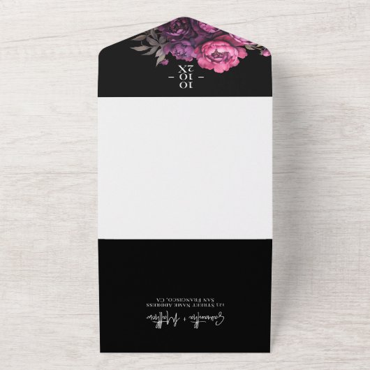 ムーディエレガントー花模様ブラック結婚のQRコード オールインワン招待状 (外側)