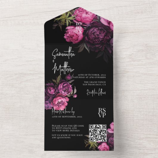 ムーディエレガントー花模様ブラック結婚のQRコード オールインワン招待状 (内側)