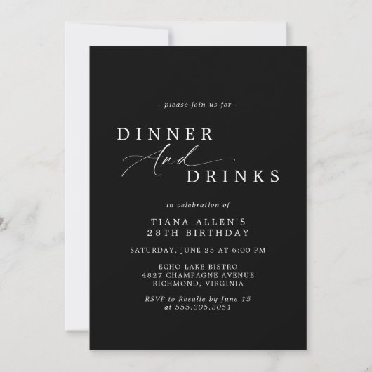 ムーディエレガントー黒 |フォーマル誕生日ディナーパーティー 招待状 (正面)