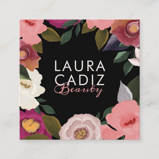 ムーディエレガントー&ウォーター色フローラアレンジメントブラック スクエア名刺 (正面)