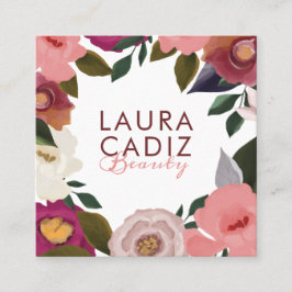 ムーディエレガントー&ウォーター色フローラ配置ホワイト スクエア名刺