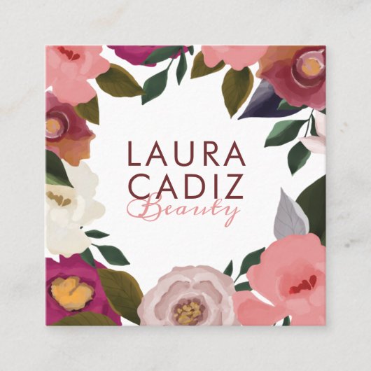 ムーディエレガントー&ウォーター色フローラ配置ホワイト スクエア名刺 (正面)