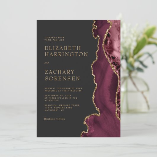 ムーディエレガントーBurgundy Agate金ゴールド結婚ズ 招待状 (スタンド正面)