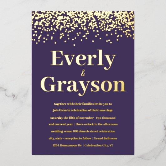 ムーディエレガント紙吹雪パープルと金ゴールド結婚ズ 箔招待状 (正面)