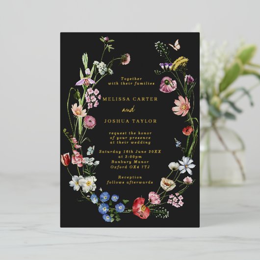 ムーディオランダ花結婚と蝶の金ゴールド 箔招待状 (立ち正面)