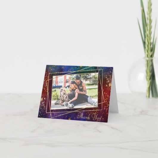 ムーディグラデーション |ダーク宝石トーン金ゴールド星写真 サンキューカード (正面)