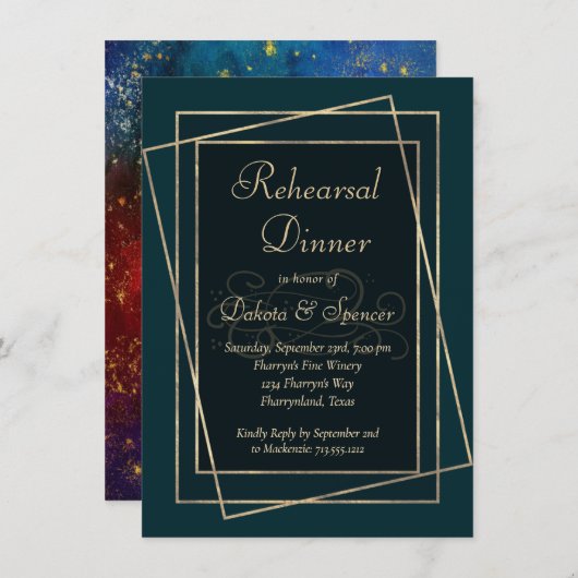 ムーディグラデーション |ダーク・ジュエル・トーン・リハーサル・ディナー 招待状 (正面/裏面)