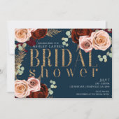 ムーディグラムダークブルー金ゴールドピンクローズブライダルシャワー 招待状 (正面)