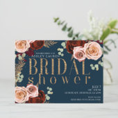 ムーディグラムダークブルー金ゴールドピンクローズブライダルシャワー 招待状 (スタンド正面)