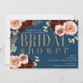 ムーディグラムブルー金ゴールドピンクローズブライダルシャワー 招待状 (正面)