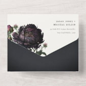 ムーディゴシックダークパープルブラック結婚牡丹 オールインワン招待状 (裏面)