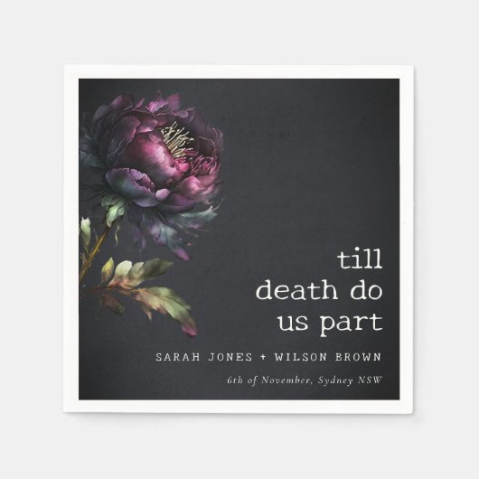 ムーディゴシックダークパープルブラック結婚牡丹 スタンダードカクテルナプキン (正面)