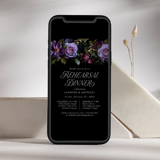 ムーディゴシックパープルフローラリハーサルディナー 招待状