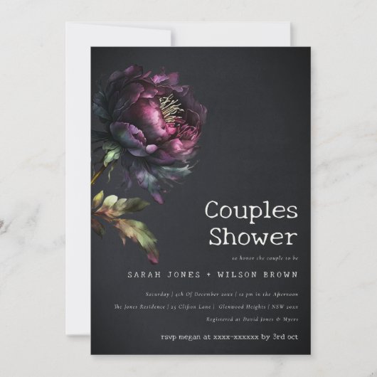ムーディゴシックパープルブラック牡丹カップルのシャワー 招待状 (正面)