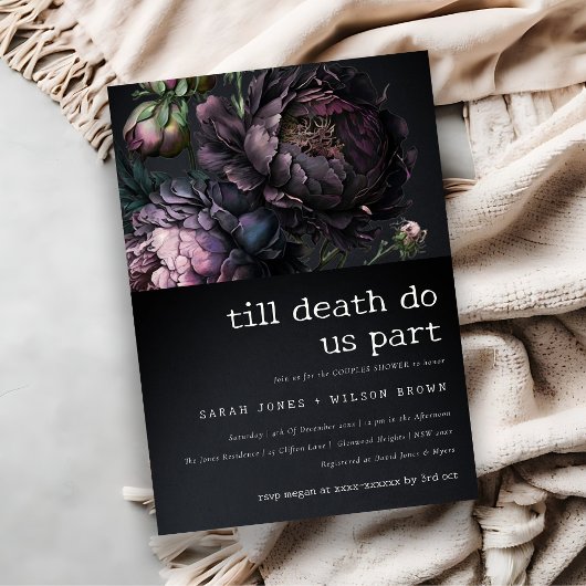 ムーディゴシックパープルブラック牡丹カップルのシャワー 招待状