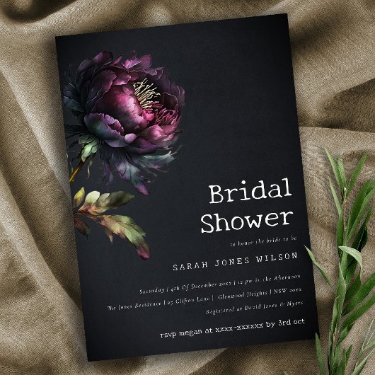 ムーディゴシックパープルブラック牡丹ブライダルシャワー 招待状