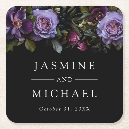 ムーディゴシックパープル結婚フローラ スクエアペーパーコースター (正面)