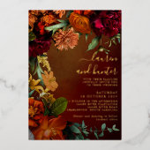 ムーディサンセットカラーフローラ結婚スクリプトの金ゴールド 箔招待状 (正面)